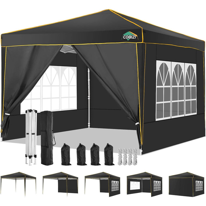 COBIZI Gazebo 3x3 Waterproof Stable Winter-Proof Party Tent, Folding Gazebo 3x3 with 4 Side Panels 3.0, 100% Waterproof and UV 50+ Portable High-End Portability Garden Gazebo, Black
