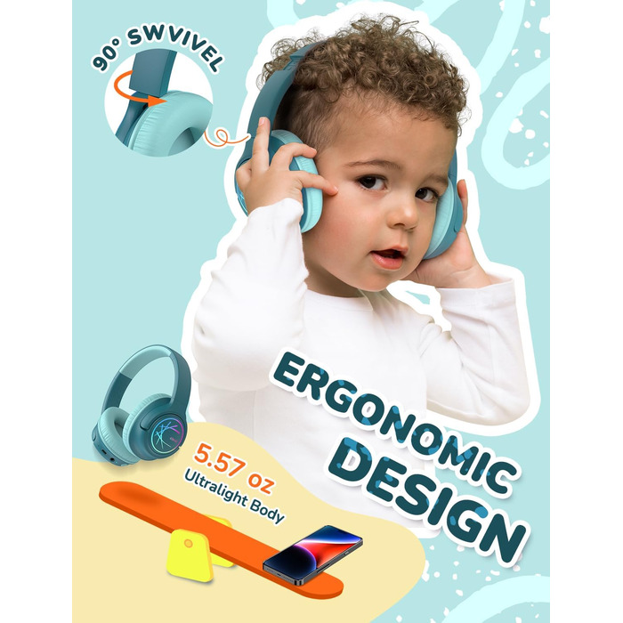 iClever Bluetooth навушники для дітей з LED-підсвіткою, обмеження гучності 74/85dBA, 43 години роботи, стерео звук, Type-C, AUX-кабель, Bluetooth 5.3, для планшетів/подорожей (Турквіс)