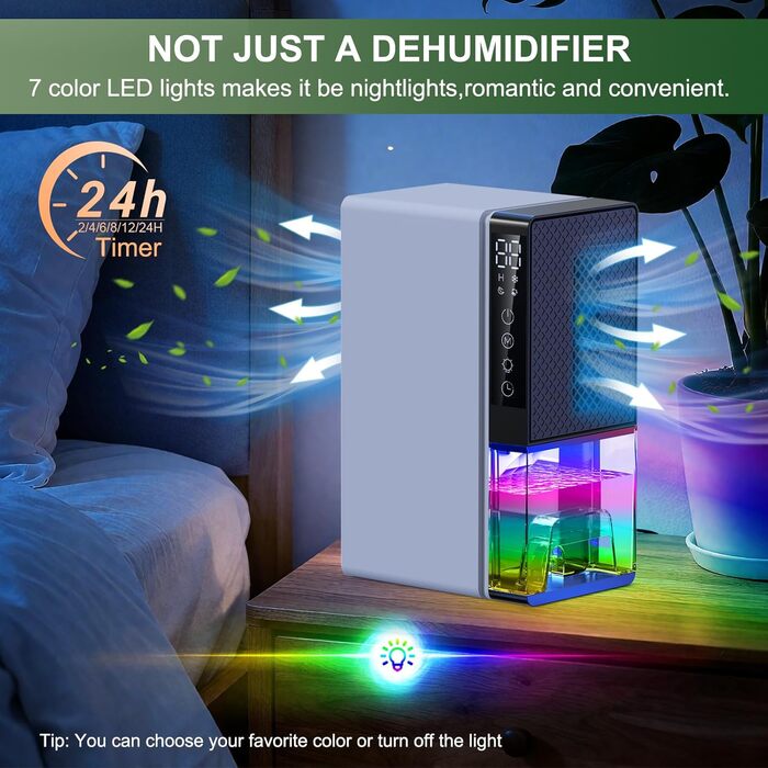 Електричний осушувач повітря 2700 мл з автоматичним вимкненням, таймером, нічним режимом та 7-кольоровим нічним світлом, портативний для дому, ванної кімнати, підвалу (600 мл/24 год)