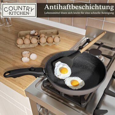 Набір посуду Country Kitchen (16 предметів): каструлі та сковороди з антипригарним покриттям, знімні Soft-Touch ручки, для дому та кемпінгу, підходять для духовки, сірий