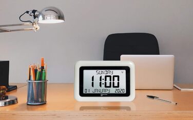 Calendar Clock - Geemarc Viso10 with automatic time setting and large letters - For people living with Alzheimer's - Battery operated - No backlight - Version DE - White
