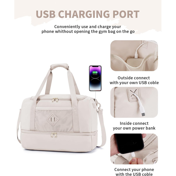 Спортивна сумка Wandf для ручної поклажі в літак (45x36x20 см) з відділенням для взуття та мокрих речей, бежева