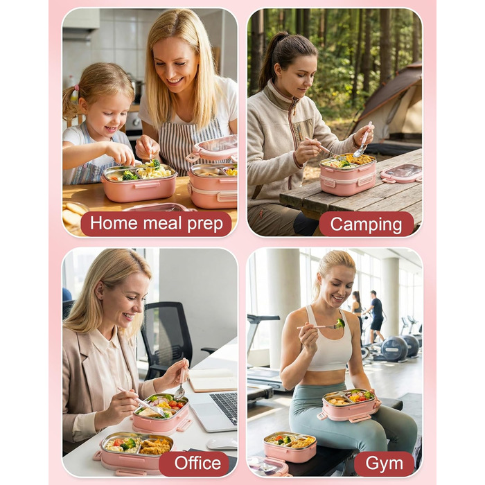 Ланчбокс Lille Home з 2 ярусами, 4 відділення, 1650 мл, з посудом, BPA-free, не протікає (Зелений) (Рожевий)