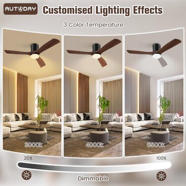 Стеляний вентилятор з дерева з підсвічуванням та керуванням, 132 см, 24W LED, DC-двигун, 6 швидкостей, таймер, пульт дистанційного керування