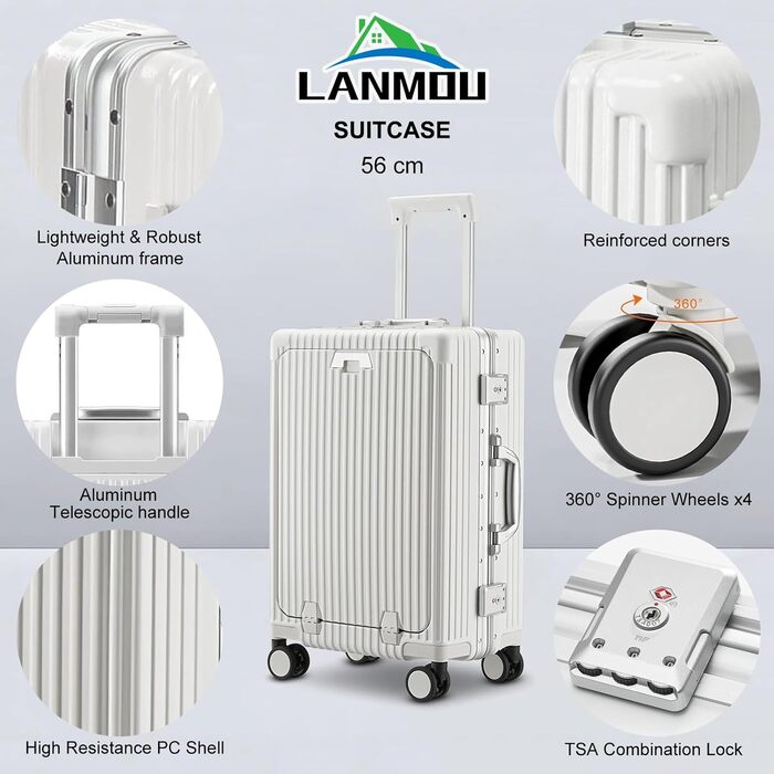 Чемодан ручної поклажі 56 см, 20 дюймів, з алюмінієвим каркасом, PC корпус, 4 колеса, TSA замок, USB-порт, тримач для напоїв, білий