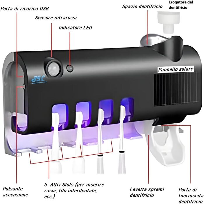 Тримач для зубних щіток S.I.C з УФ-дезінфекцією, LED-підсвічуванням та автоматичним дозатором пасти, для 4 щіток (білий/чорний)