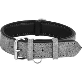 Riparo Genuine Leather Adjustable Dog Collar with Additional Reinforcement (: 4.5CM Wide for 53.4CM - 63.5CM Neck, ) (XL, Grey/White Thread)