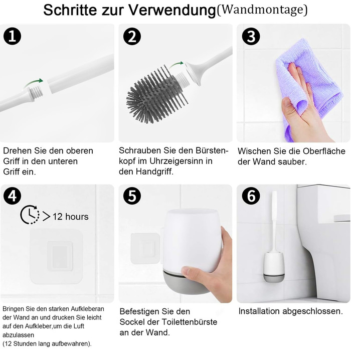 Силіконова щітка для унітазу Klobürste з тримачем, монтаж на стіну/підлогою, швидковисихаючий набір для ванної кімнати – білий (сірий та білий)