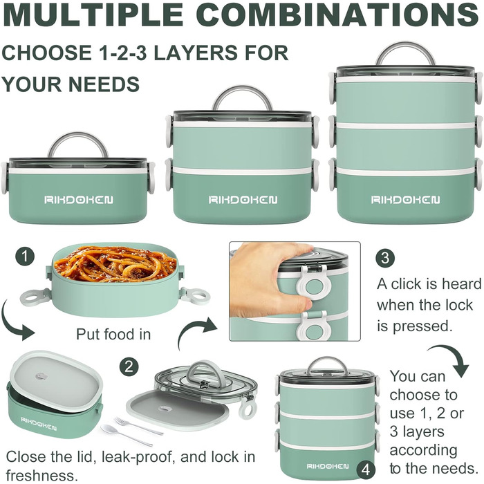 RIKDOKEN Ланчбокс 3-ярусний, 2.7л, з ложкою та виделкою, для дітей та дорослих, зелений