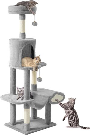 Кігтеточка YITAHOME XXL для котів, 142 см, сіра, з 8 стовпчиків сизалю, 3 платформи, 2 печери, гамак, іграшки, кігтешкребок, кріплення для лазіння