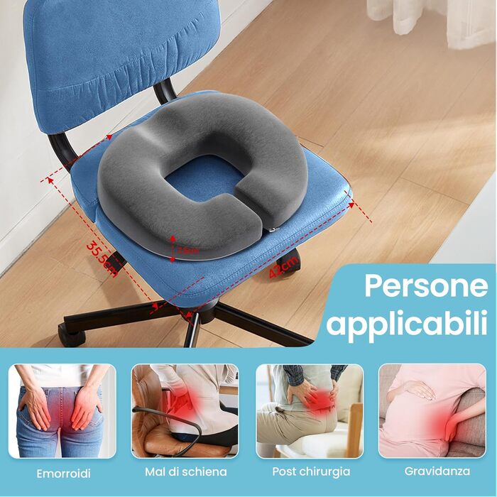 Ортопедична подушка для сидіння Benazcap Donut - для офісних крісел, авто та інвалідних візків. З memory foam для геморою, ішіасу, вагітності та після пологів (сіра)