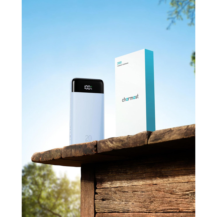 Повербанк Charmast 20000 mAh з 4 вбудованими кабелями, швидка зарядка 22.5W, портативний зовнішній акумулятор для iPhone, Android, iPad (SkyBlue)