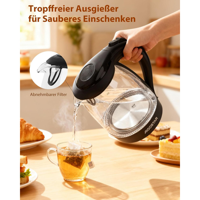 Електричний чайник Aigostar Adam, 1.7 л, 2200 Вт, LED, скло, без BPA, з фільтром від накипу, чорний