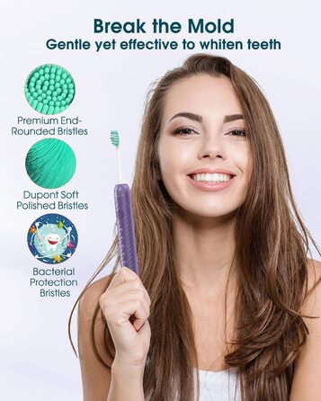 Електрична зубна щітка для дорослих з 6 насадками, акумуляторна звукова, фіолетова (1 шт.) - тривала робота до 180 днів