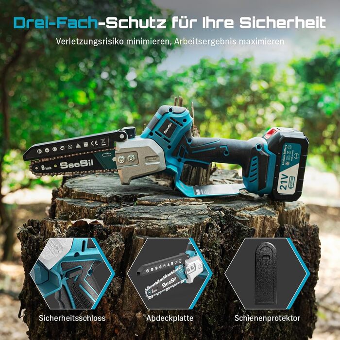 SEESII Безщіткова міні-бензопила 6 дюймів, акумуляторна ручна пила з 2 * 4000 mAh акумуляторами, одноручна пила з автоматичним змащуванням, сумісна з акумулятором Makita 18V, електрична пила для дерева, гілок 6 дюймів безщіткова