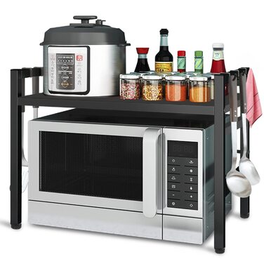 Підставка для мікрохвильової печі Todeco, 2-ярусна, чорна, з 6 гачками, регульована (36-60) x 36 x 44 см, до 25 кг