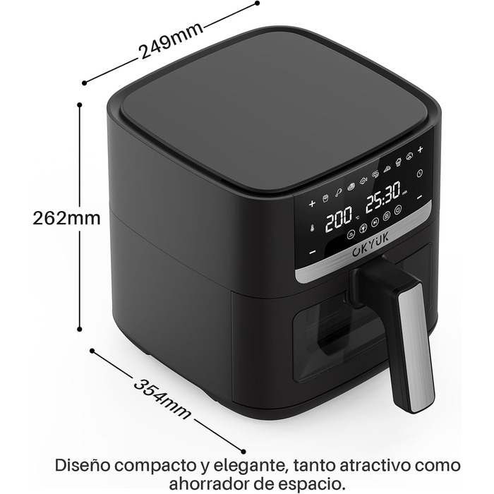 Аерофритюрниця OKYUK 6л XL 1200W з металевим внутрішнім резервуаром: безмасляна фритюрниця з 8 програмами, LED-дисплеєм, таймером