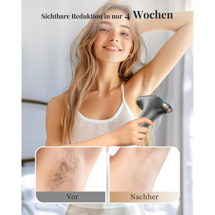 Пристрій для епіляції IPL Haarlosy: безболісна епіляція вдома для жінок та чоловіків, 9 рівнів, 999,900 імпульсів, 3 функції (HR/SC/RA), для тіла, ніг, зони бікіні, пахв. Чорний колір.