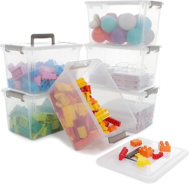 Citylife 6-Piece Storage Box Set, 5L Capacity with Lid and Closure Clips, Handle, Stackable, Transparent Box, for Living Room, Bedroom, Garage, 21.4 * 14.5 * 15.5cm