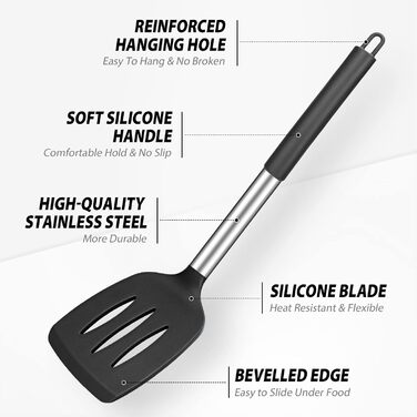 Silicone Spatula and Spoon Set, 4-Piece Silicone Kitchen Utensils Cooking Utensil Set with Stainless Steel Handle, Non-Stick Heat-Resistant Black Cooking Utensil Set, Healthy, Dishwasher Safe