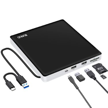 Зовнішній CD/DVD привід BU USB 3.0 & Type-C, DVD+/-RW ROM записувач з картридером SD/TF та USB-портами для ноутбука, PC, MacBook, Windows 11/10, macOS (чорний/білий)