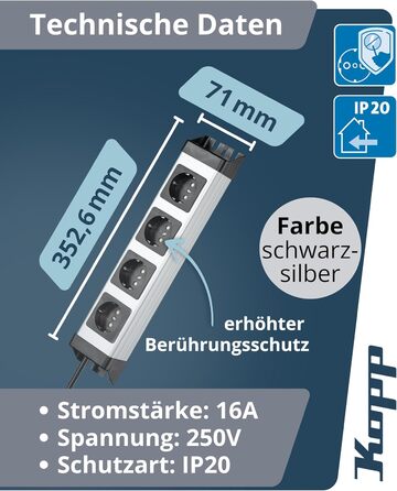 Мережевий фільтр Kopp POWERversal 4-fach, срібно-чорний, IP20, 1.4м, кут 90°