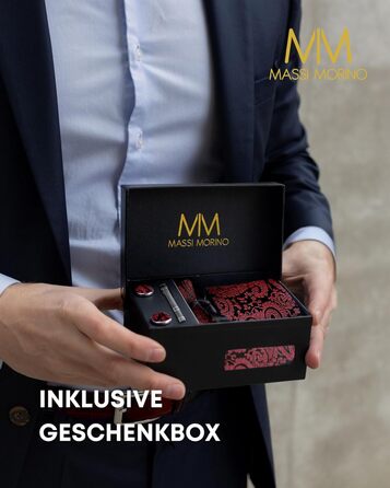 Массі Моріно: Комплект краватки з нагрудною хустиною для чоловіків. Краватний набір на весілля з краватковою голкою, запонками та подарунковою коробкою. Палецький візерунок, бордовий колір, універсальний розмір.