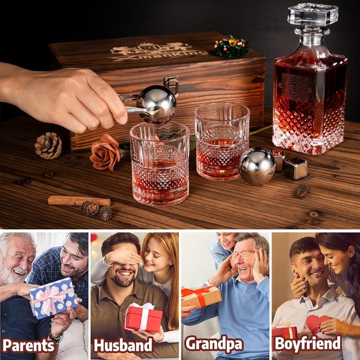 Набір для віскі: декантер, обертові склянки, сталеві кубики, пінцет, дерев'яна коробка для подарунка. Ідеальний подарунок татові та на пенсію