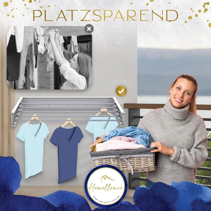 Настінна сушилка для білизни Homellence - висувна, розкладна, 3,50 м, біла