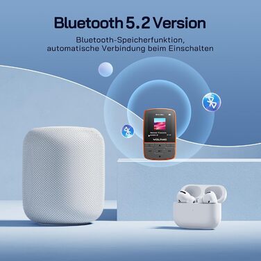 MP3-плеєр WOLFANG 64GB Bluetooth 5.2, помаранчевий: Спорт-кліпса, Hi-Fi радіо, диктофон, навушники в комплекті