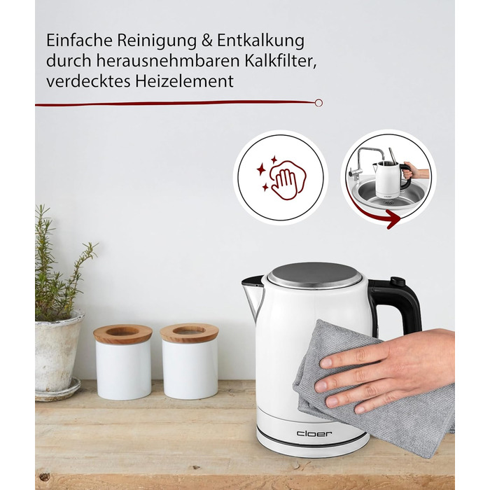 Електричний чайник Cloer 4511 з нержавіючої сталі, 2200 Вт, білий, 1 літр
