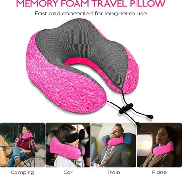 Подушка для шиї у літак - подушка для подорожей 100% Memory Foam - портативна подушка для літака - з 3D-маскою для сну та берушами - ідеальна для крісла літака, авто, дому, офісу, подушка для сну (Рожева)
