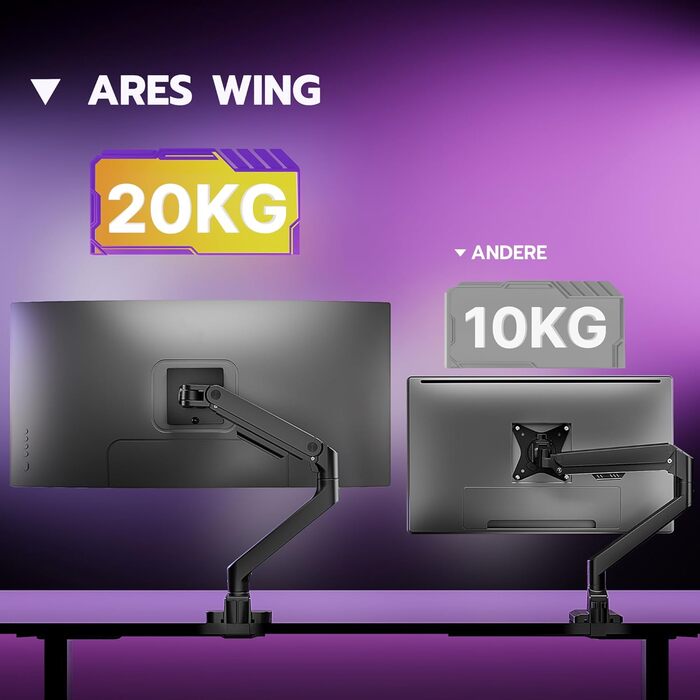 Кріплення для монітора ARES WING: регульована підставка для моніторів 17-49 дюймів, газліфт, VESA 75/100 мм, чорний (без USB)