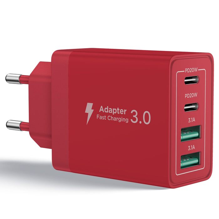 Зарядний пристрій USB-C 4-портовий 40W з Quick Charge для iPhone, Samsung та інших пристроїв (Червоний)