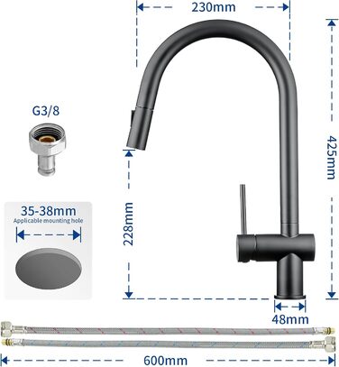 Чорний кухонний змішувач CECIPA SOFETIY SERIE з висувною лійкою, 360° поворот, нержавіюча сталь, 2 режими струменя