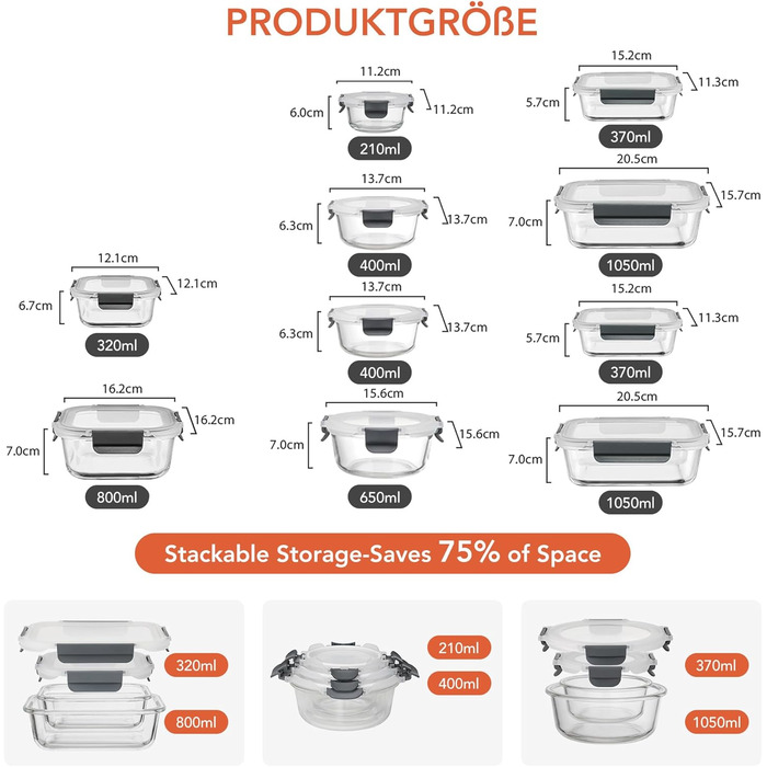 Скляні контейнери для зберігання їжі з кришками набір Frischhaltedosen: Meal Prep, мікрохвильова піч, морозилка, посудомийка, сірі