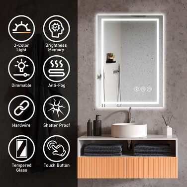 Дзеркало для ванної кімнати 50x70 см з LED-підсвічуванням, антизапарювання, диммування, 3 кольори світла
