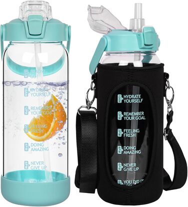 2l Glass Bottle | Drinking Bottle Glass with Straw & Time Marker, Leak-Proof 2 liter Large Glass Water Bottle for Smoothie, Carbonated Drinks Suitable, Dishwasher Safe (Light Green, 2000 ml)