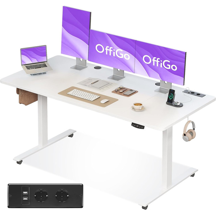 Регульований стіл OffiGo 160x70 см, електричний, з USB, 2 пам'яті, для офісу та дому, білий