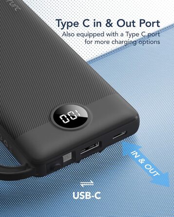 Power Bank VRURC 10000mAh з 4 кабелями, портативний акумулятор USB-C для iPhone/Huawei/Samsung, LED-дисплей, 5 виходів, чорний