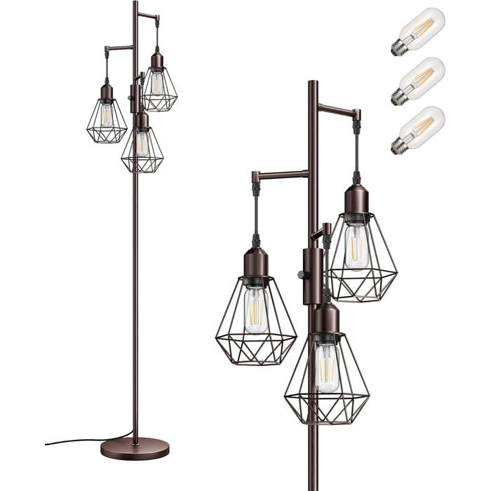 LED торшер Edishine для вітальні, 3 лампи, ретро стиль, диммування, 4W E27, регулювання поворотною ручкою, індустріальний дизайн, металевий абажур-сітка, 2700K, висота 166 см, колір: коричневий