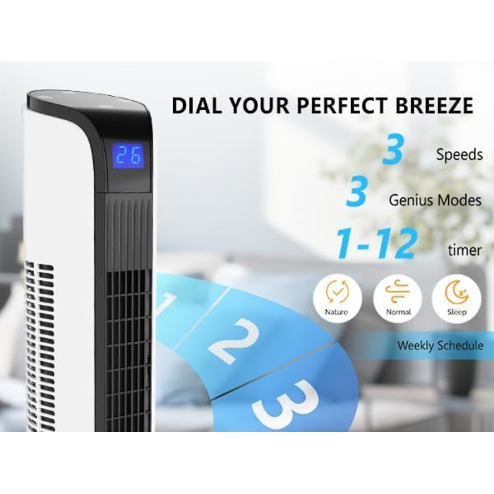 Вентилятор вежний Bonnlo з пультом, Wi-Fi, LED-дисплеєм, 3 швидкості, 3 режими (природний/звичайний/нічний), 60° осциляція, 24 ft/s, 40 дБ, білий