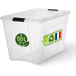 Iris Ohyama Storage Box with Lid, 6-Piece Set, Transparent, Snap Closures with Handles, Stackable, Strong & Durable, For Clothes, Garage, Home, Office, Plastic Box, Storage TB-45 (55L, x1)