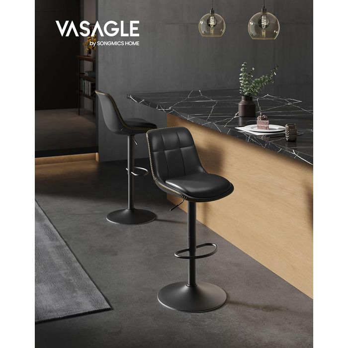 Барні стільці VASAGLE 2 шт., регульовані по висоті, обертаються, зі спинкою та підставкою для ніг, для кухні/стільниці, сталь, LJB095K01 (Чорний, PU)