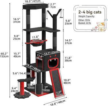 Кігтеточка YITAHOME Готичний XL, 160 см, з 4 колонами з сизалю, платформа для сну, гамак, кулі-іграшки, чорна
