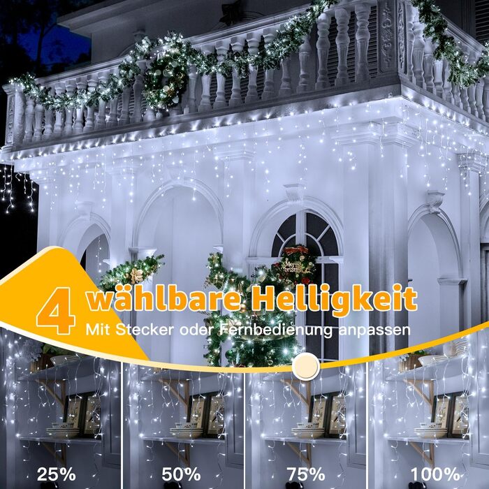 Ланцюжок прикрас з LED-підсвічуванням Ollny Eisregen 15м, 600 LED, для зовнішнього використання, з пультом, водонепроникний, 8 режимів, тепле біле світло, для балкона, даху, вікна, дому, ковадла