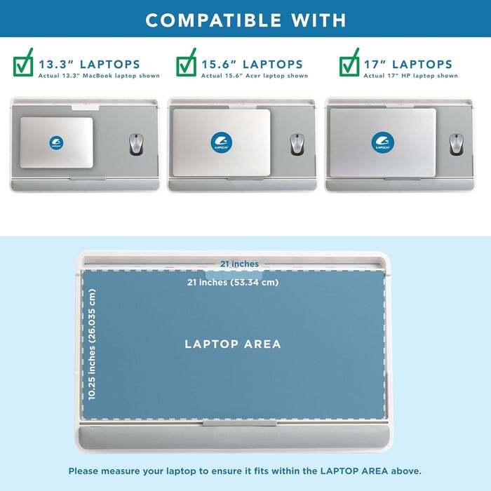 LAPGEAR Підставка для ноутбука з шкіри з регульованими ніжками, підставкою для зап'ястя, слотом для медіа та інтегрованим місцем для зберігання, для ноутбуків до 43,2 см (17 дюймів), сірий колір