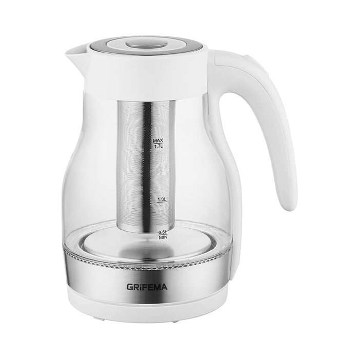 Електричний чайник GRIFEMA 0.8L, 1100W з фільтром від накипу, тихий, швидкий, BPA-Free, для подорожей, автоматичне вимкнення, захист від перегріву, білий (скло з ситом 1.7L)