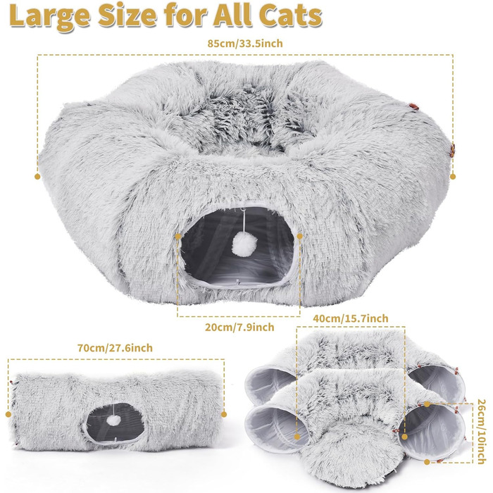 Odoland Cat Tunnel - Large Cats, Foldable Cat Tunnel with Play Ball Cat Bed, Multifunctional Crinkle Tunnel Cat Cave Interactive Toy for Indoor Kittens
