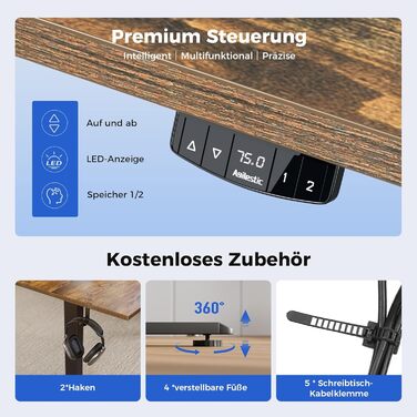 Регульований стіл Agilestic з підйомною механікою: електричний, з пам'яттю, ергономічний, для роботи, 120x60 см, білий (коричневий)